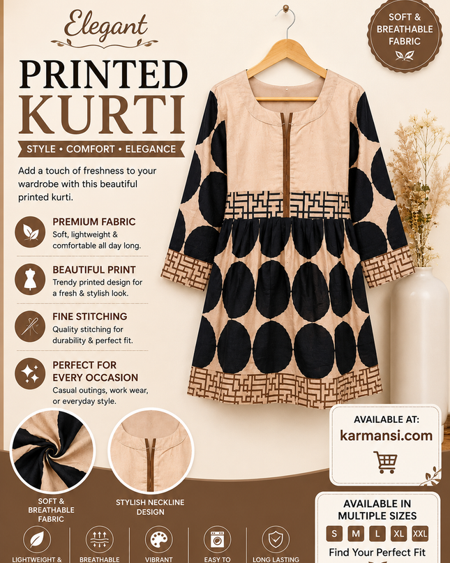 Elegant Beige & Black Printed Short Kurti for Women – Soft Casual Wear