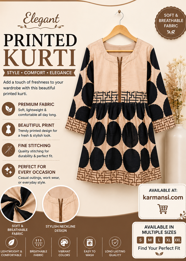 Elegant Beige & Black Printed Short Kurti for Women – Soft Casual Wear