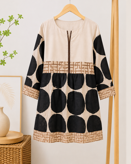 Elegant Beige & Black Printed Short Kurti for Women – Soft Casual Wear