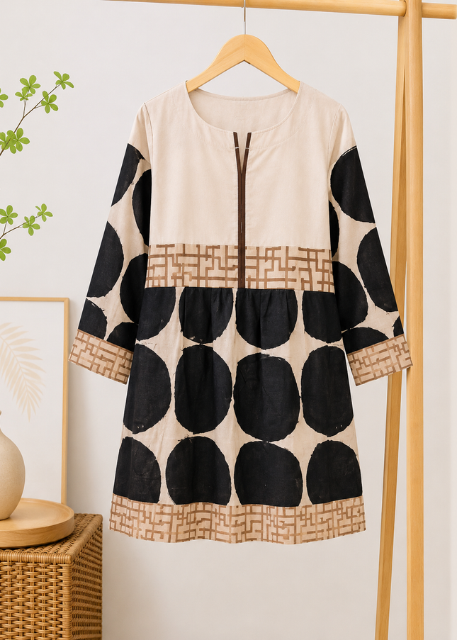 Elegant Beige & Black Printed Short Kurti for Women – Soft Casual Wear