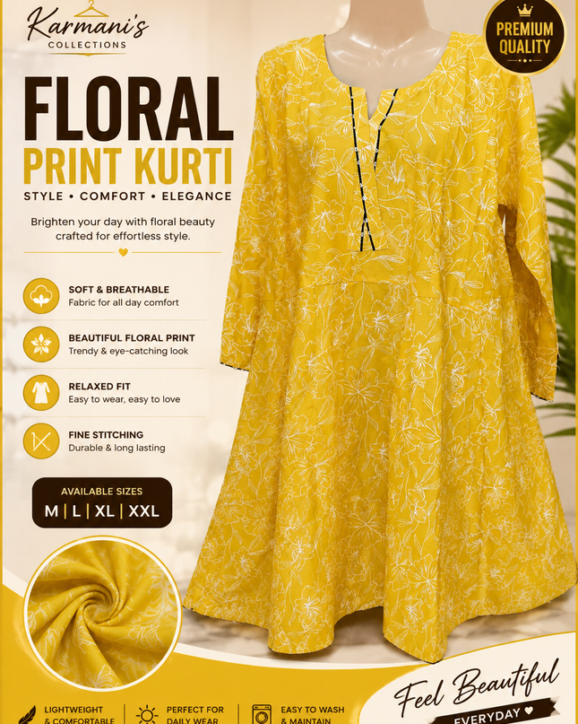Women's Yellow Floral Print A-Line Frock Style Kurti – Soft & Comfortable Casual Wear