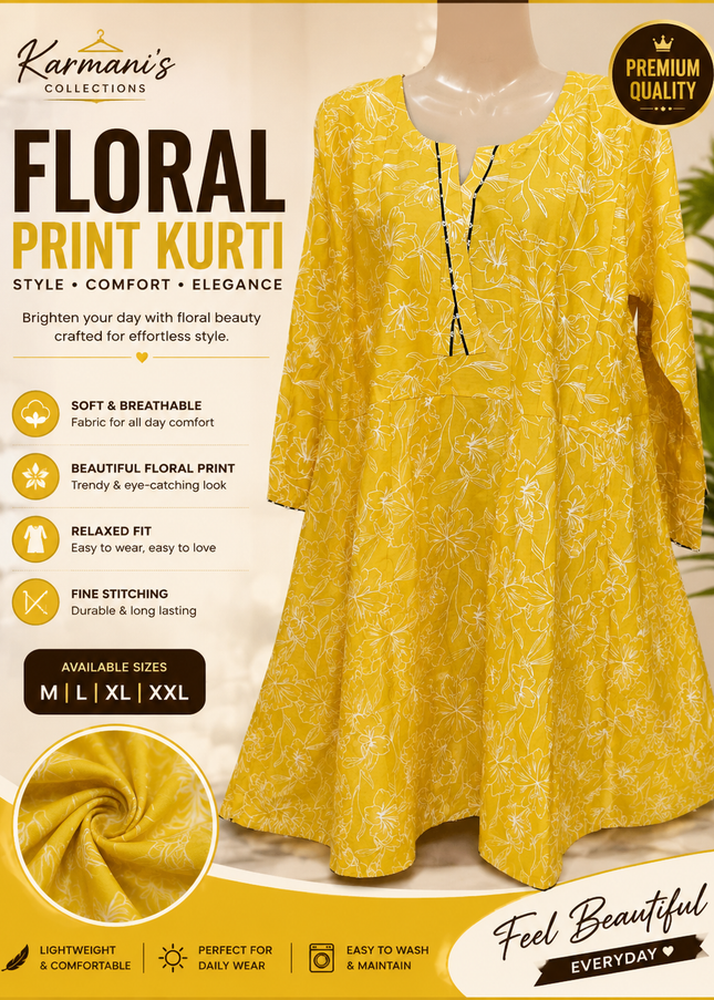 Women's Yellow Floral Print A-Line Frock Style Kurti – Soft & Comfortable Casual Wear