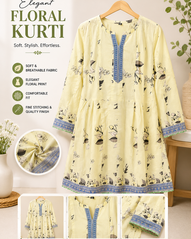 Women's Cream Floral Print A-Line Frock Style Kurti – Elegant Casual Wear