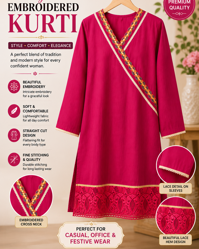 Women's Magenta Embroidered Straight Kurti – Elegant Casual & Festive Wear
