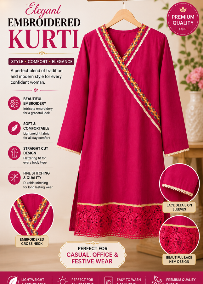 Women's Magenta Embroidered Straight Kurti – Elegant Casual & Festive Wear
