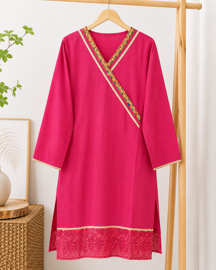 Women's Magenta Embroidered Straight Kurti – Elegant Casual & Festive Wear