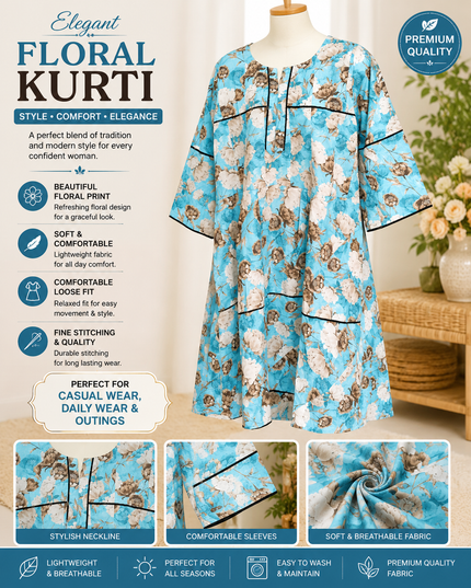 Women's Sky Blue Floral Print A-Line Frock Style Kurti – Soft & Comfortable Casual Wear