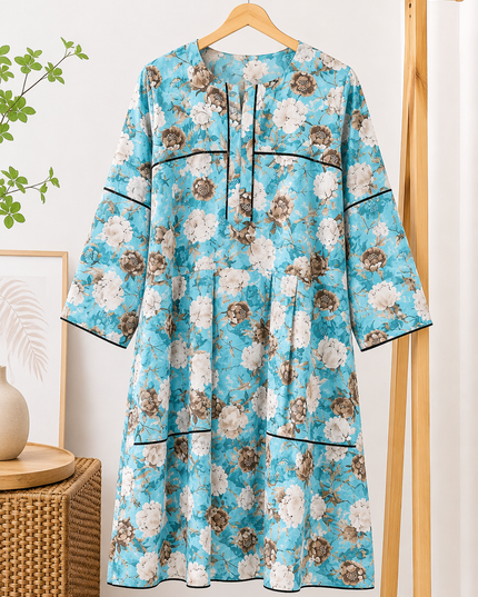 Women's Sky Blue Floral Print A-Line Frock Style Kurti – Soft & Comfortable Casual Wear