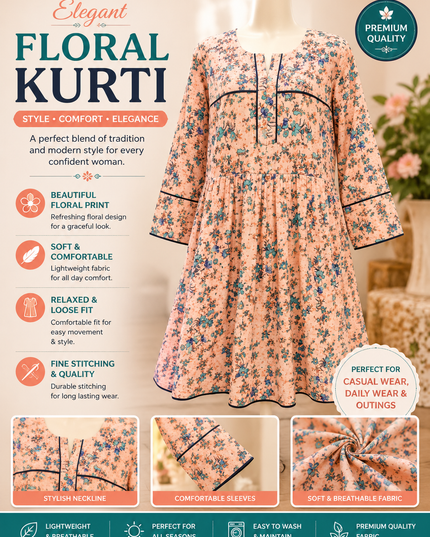 Women's Peach Floral Print A-Line Frock Style Kurti – Elegant Casual Wear