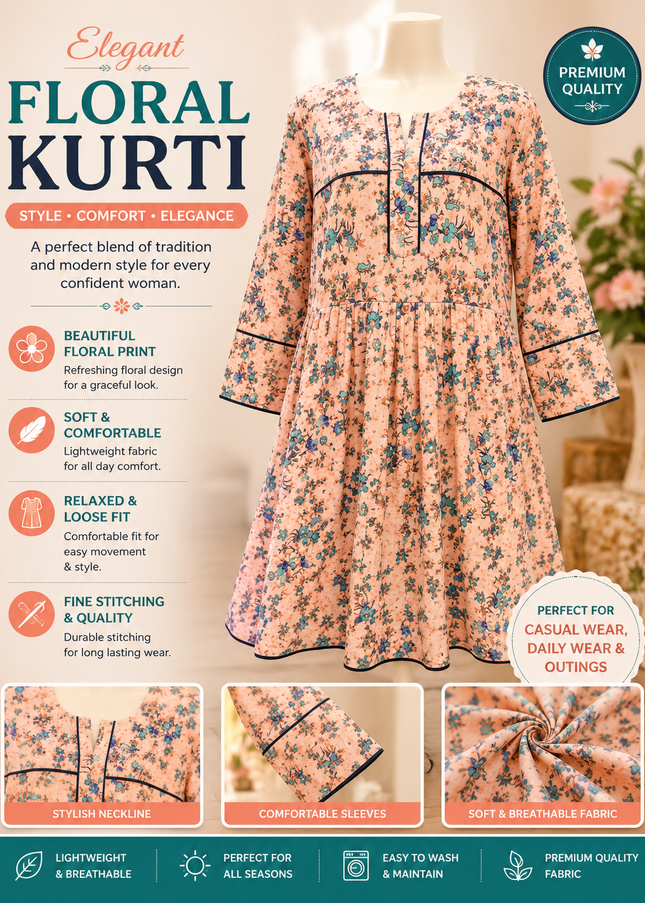 Women's Peach Floral Print A-Line Frock Style Kurti – Elegant Casual Wear