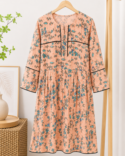 Women's Peach Floral Print A-Line Frock Style Kurti – Elegant Casual Wear