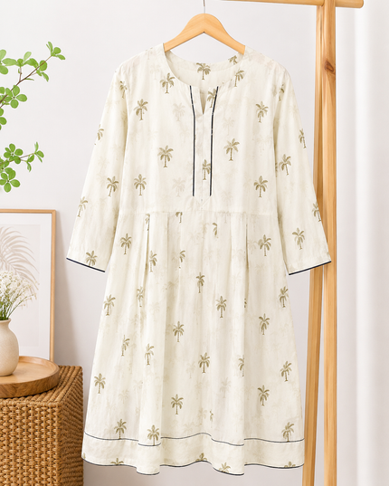 Women's White Palm Tree Print A-Line Frock Style Kurti – Casual Everyday Wear