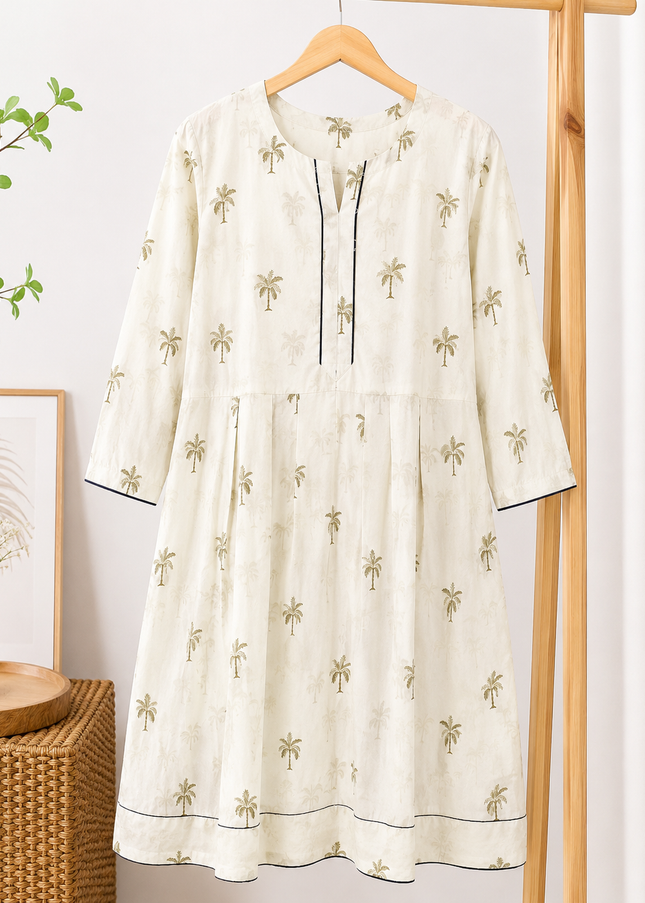 Women's White Palm Tree Print A-Line Frock Style Kurti – Casual Everyday Wear