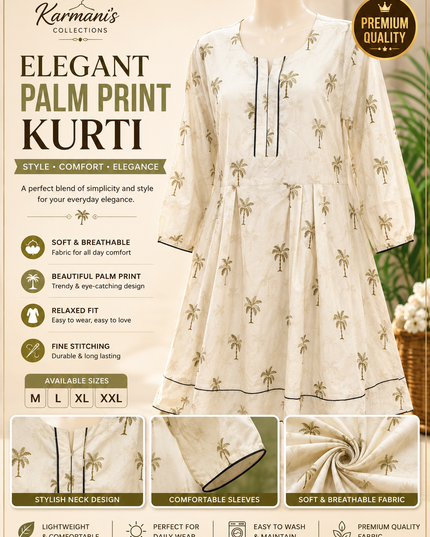 Women's White Palm Tree Print A-Line Frock Style Kurti – Casual Everyday Wear