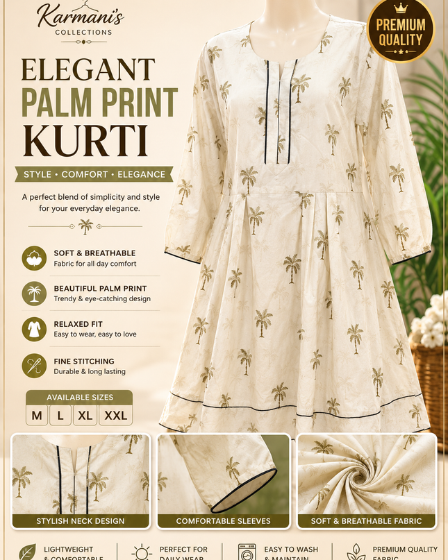 Women's White Palm Tree Print A-Line Frock Style Kurti – Casual Everyday Wear