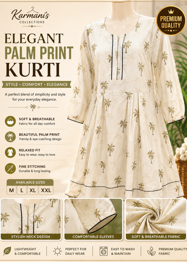 Women's White Palm Tree Print A-Line Frock Style Kurti – Casual Everyday Wear