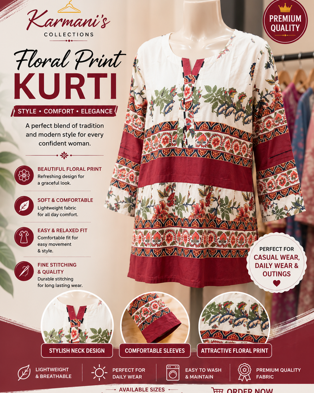 Women's Floral Print Straight Kurti – Maroon & White Casual Cotton Kurti
