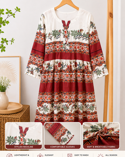 Women's Floral Print Straight Kurti – Maroon & White Casual Cotton Kurti