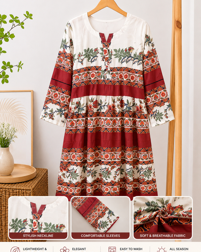 Women's Floral Print Straight Kurti – Maroon & White Casual Cotton Kurti
