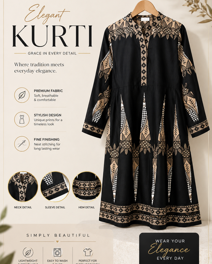 Elegant Black Printed Flared Kurti for Women – Casual & Daily Wear