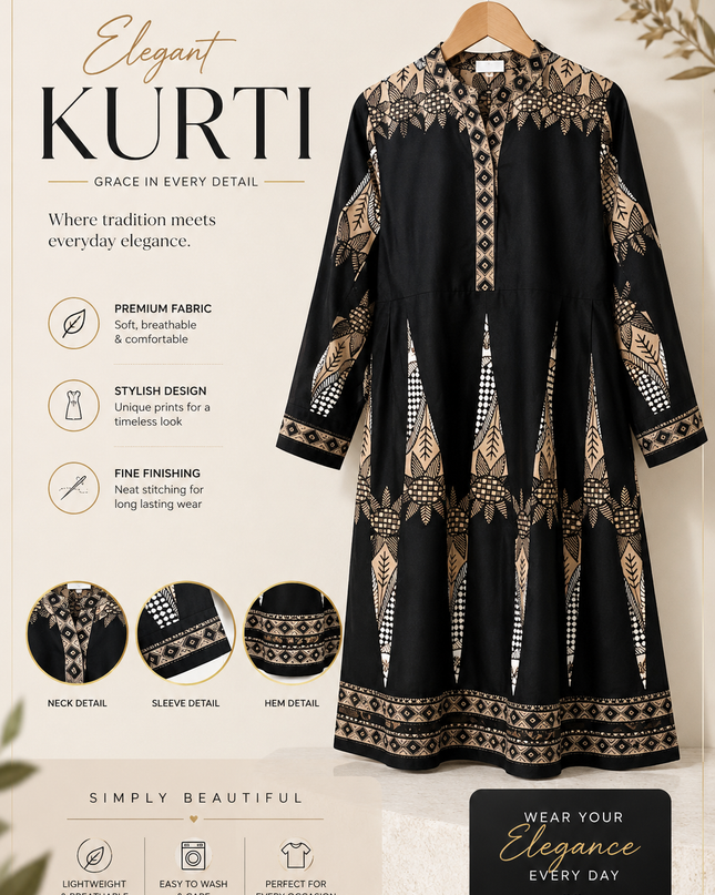 Elegant Black Printed Flared Kurti for Women – Casual & Daily Wear