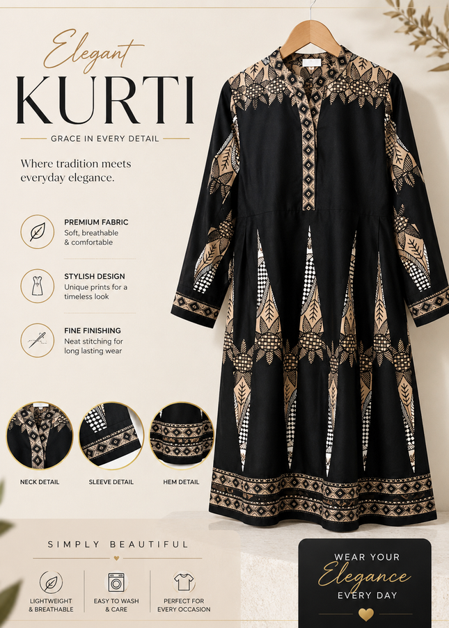 Elegant Black Printed Flared Kurti for Women – Casual & Daily Wear