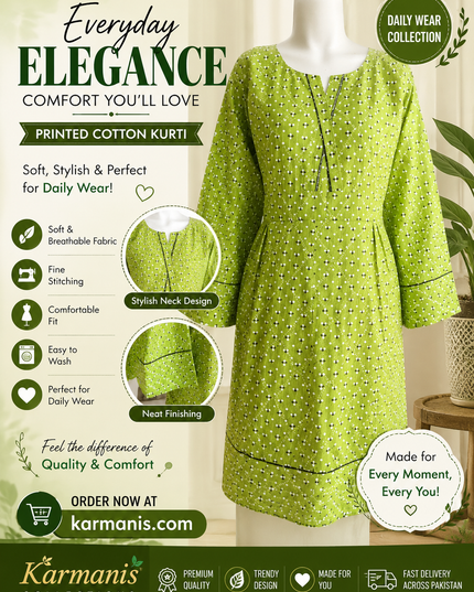 Women's Printed Cotton Kurti – Green Casual Daily Wear Long Kurta | Soft & Comfortabl
