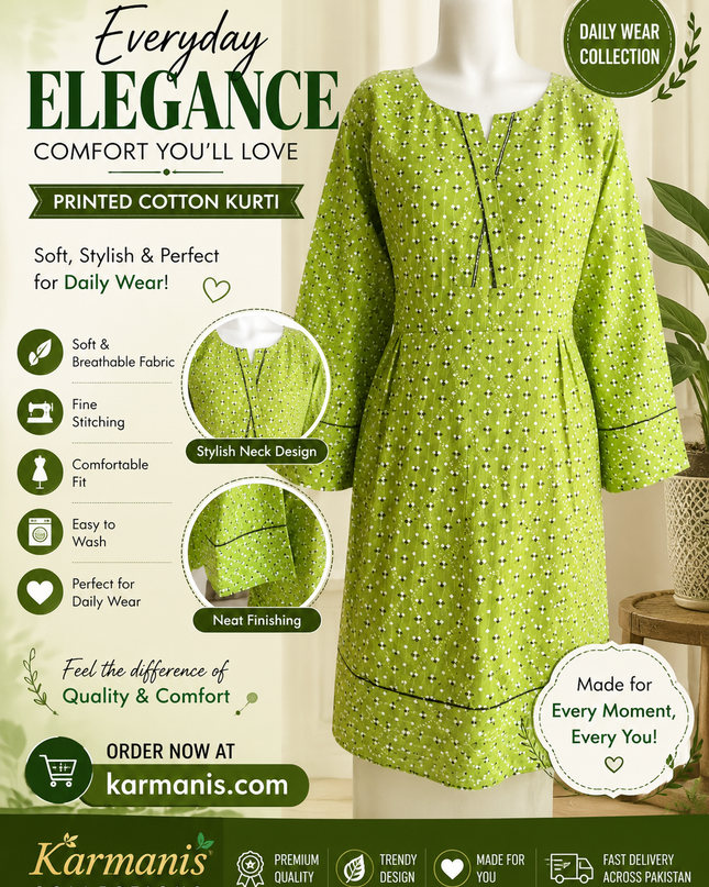 Women's Printed Cotton Kurti – Green Casual Daily Wear Long Kurta | Soft & Comfortabl