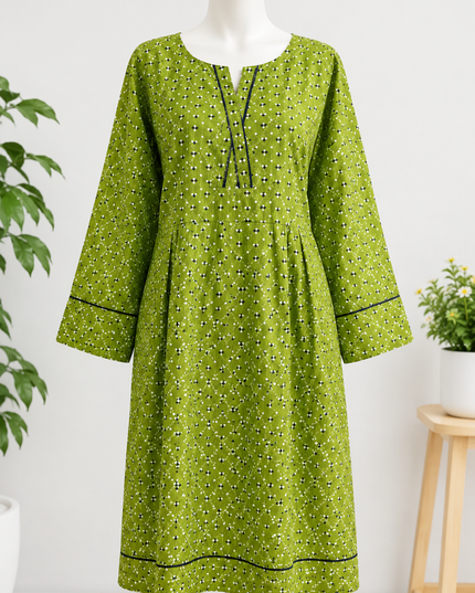 Women's Printed Cotton Kurti – Green Casual Daily Wear Long Kurta | Soft & Comfortabl