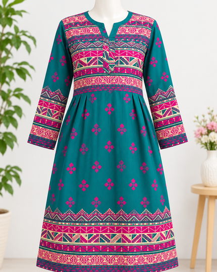 Women's Printed Cotton Kurti – Teal & Pink Ethnic Casual Long Kurta | Soft Daily Wear