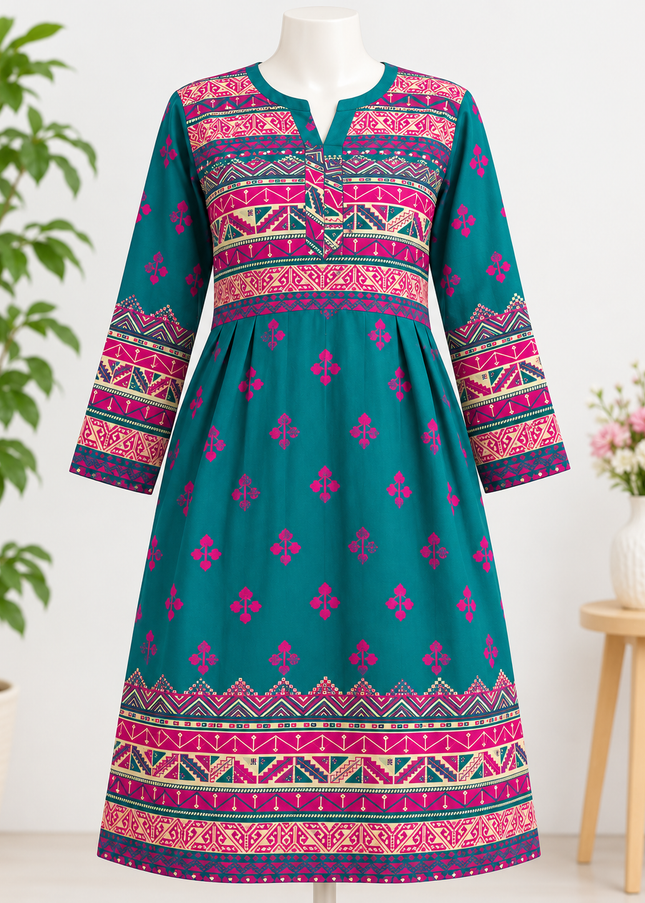 Women's Printed Cotton Kurti – Teal & Pink Ethnic Casual Long Kurta | Soft Daily Wear