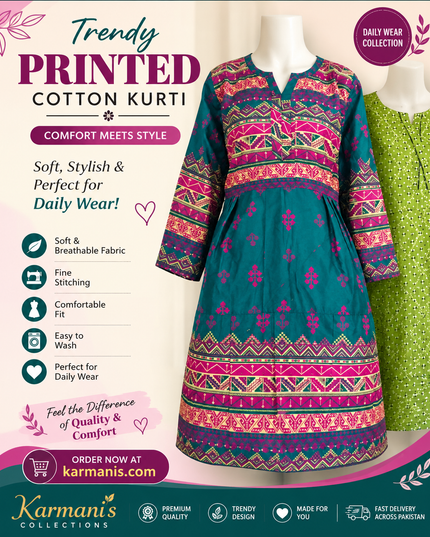 Women's Printed Cotton Kurti – Teal & Pink Ethnic Casual Long Kurta | Soft Daily Wear