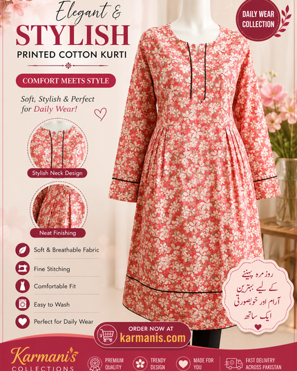 Women's Floral Printed Cotton Kurti – Peach Casual Daily Wear Long Kurta | Soft & Comfortable