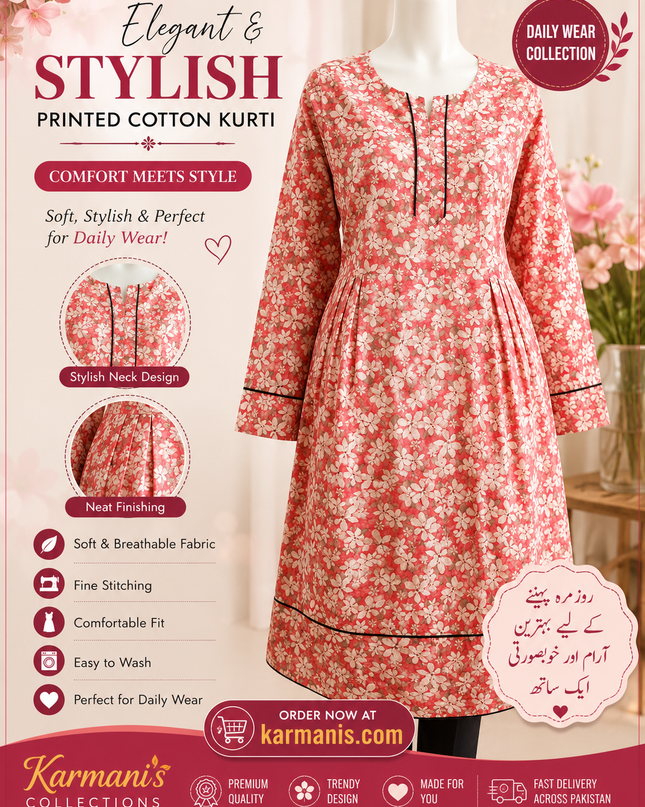 Women's Floral Printed Cotton Kurti – Peach Casual Daily Wear Long Kurta | Soft & Comfortable