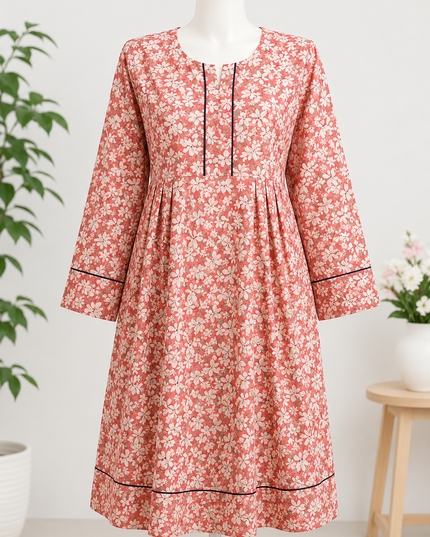 Women's Floral Printed Cotton Kurti – Peach Casual Daily Wear Long Kurta | Soft & Comfortable