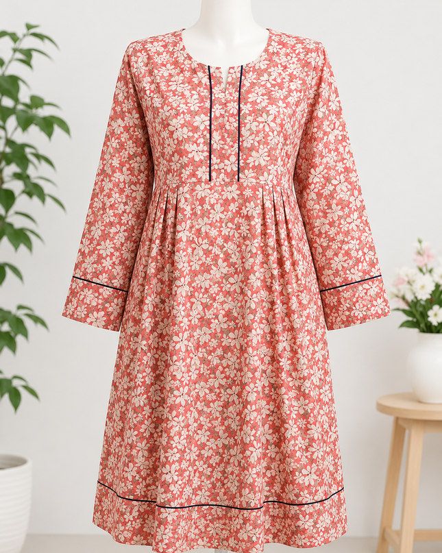 Women's Floral Printed Cotton Kurti – Peach Casual Daily Wear Long Kurta | Soft & Comfortable