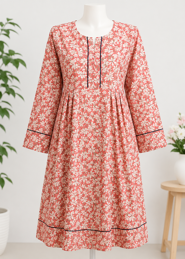 Women's Floral Printed Cotton Kurti – Peach Casual Daily Wear Long Kurta | Soft & Comfortable