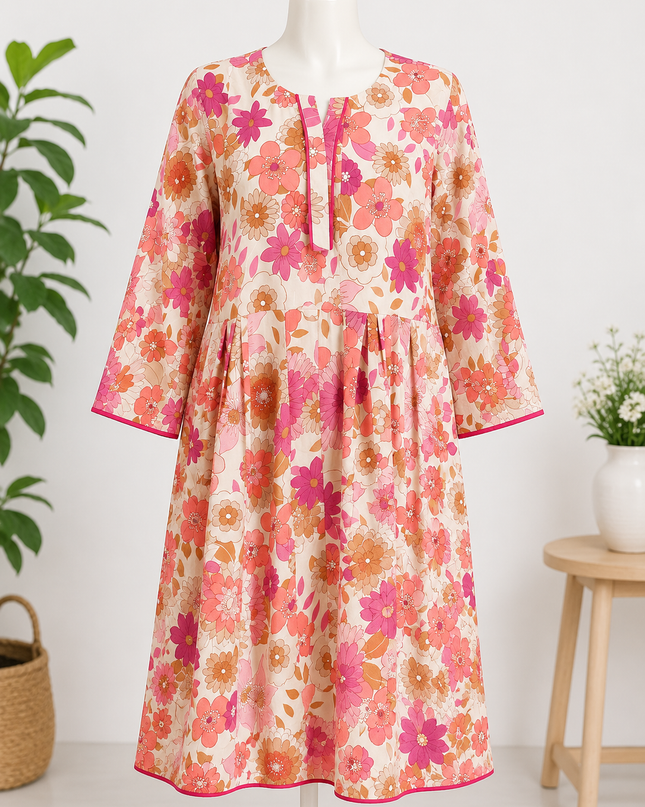 Women's Floral Printed Cotton Kurti – Pink Casual Daily Wear Long Kurta | Soft & Comfortable