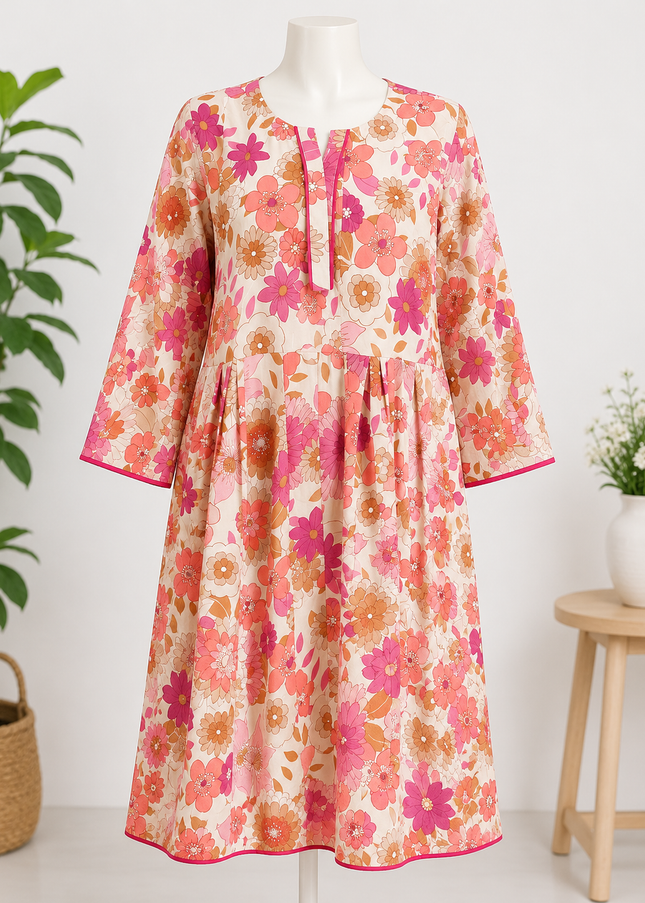 Women's Floral Printed Cotton Kurti – Pink Casual Daily Wear Long Kurta | Soft & Comfortable