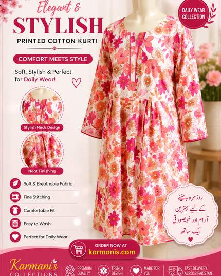 Women's Floral Printed Cotton Kurti – Pink Casual Daily Wear Long Kurta | Soft & Comfortable