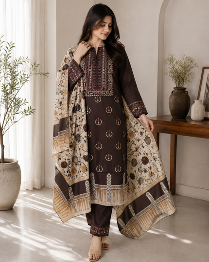 Unstitched 3-Piece Brown Lawn Suit with Printed Dupatta
