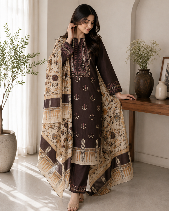Unstitched 3-Piece Brown Lawn Suit with Printed Dupatta