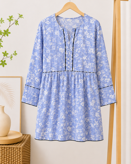 Elegant Blue Floral Printed Women's Kurti – Soft Cotton Casual Wear