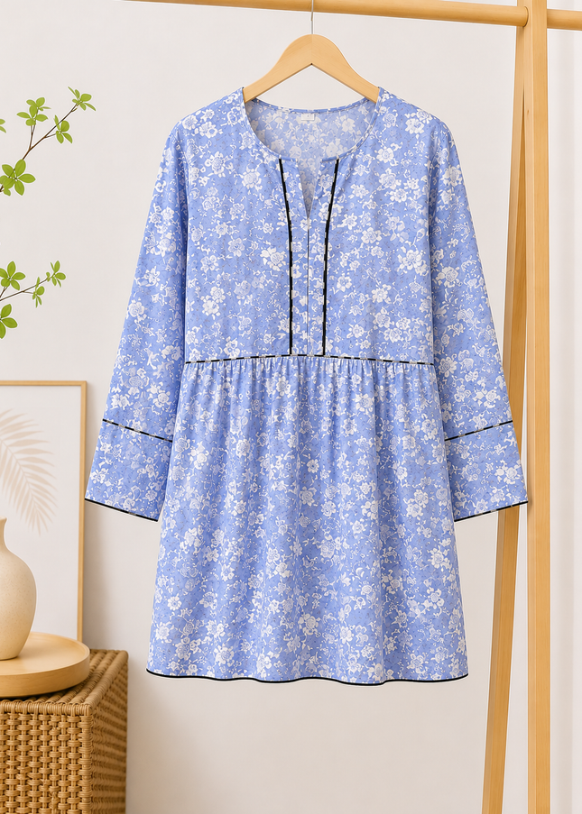 Elegant Blue Floral Printed Women's Kurti – Soft Cotton Casual Wear