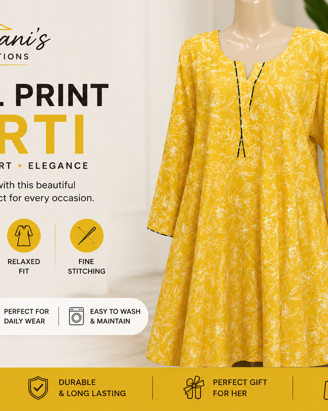 Women's Yellow Floral Print A-Line Frock Style Kurti – Soft & Comfortable Casual Wear