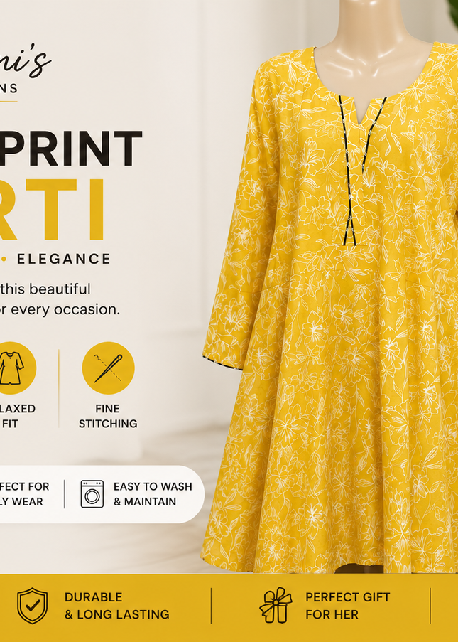 Women's Yellow Floral Print A-Line Frock Style Kurti – Soft & Comfortable Casual Wear