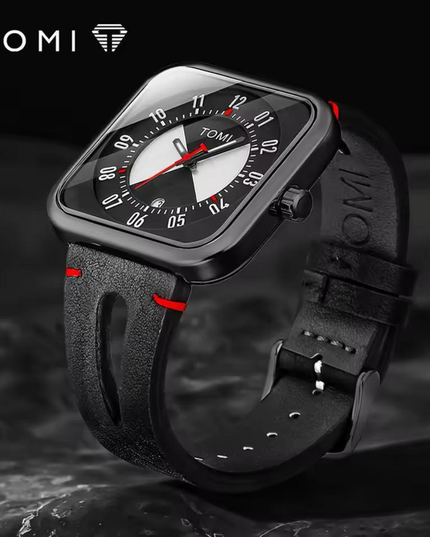 TOMI Men’s Classic Textured Leather Watch (Black)