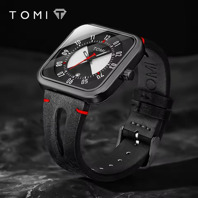 TOMI Men’s Classic Textured Leather Watch (Black)