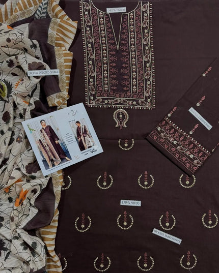 Unstitched 3-Piece Brown Lawn Suit with Printed Dupatta