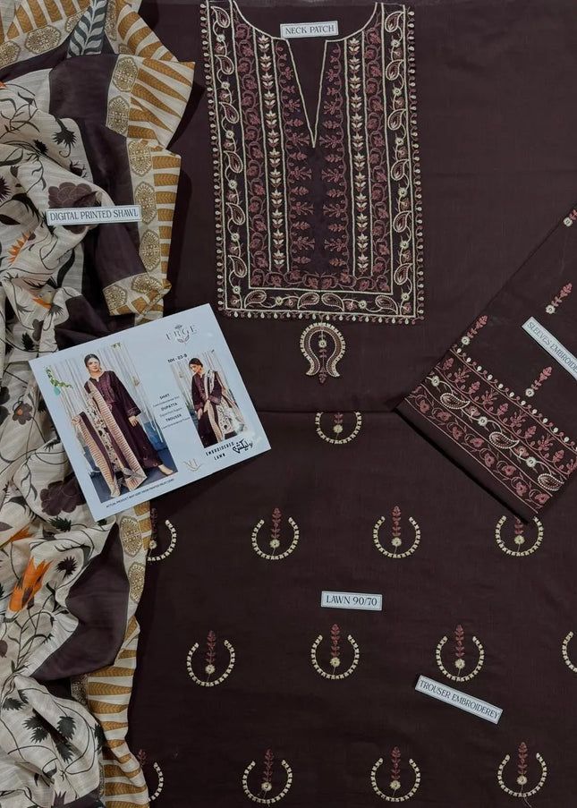 Unstitched 3-Piece Brown Lawn Suit with Printed Dupatta